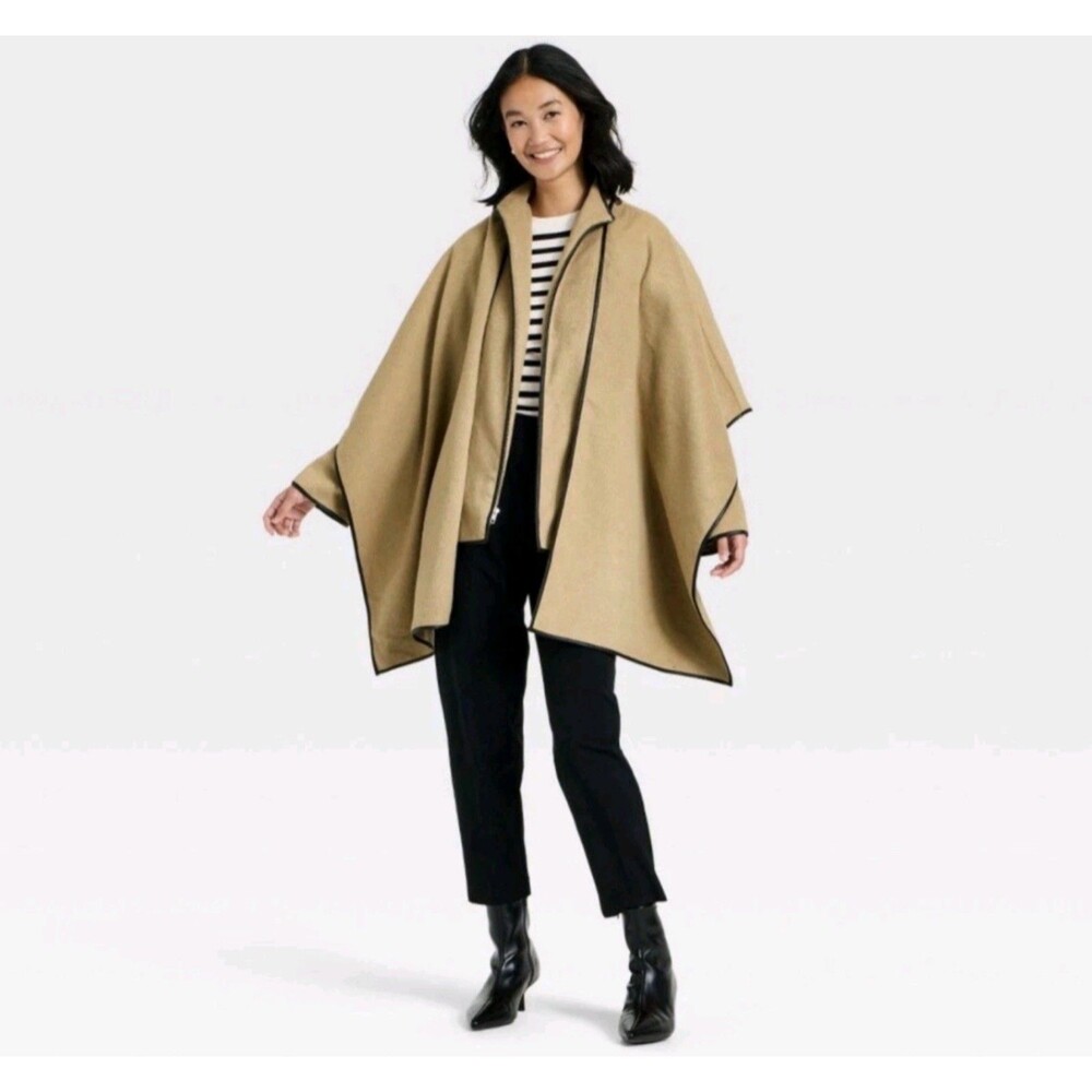 Women's A New Day Faux Wool Cape Jacket Wrap Coat Light Brown